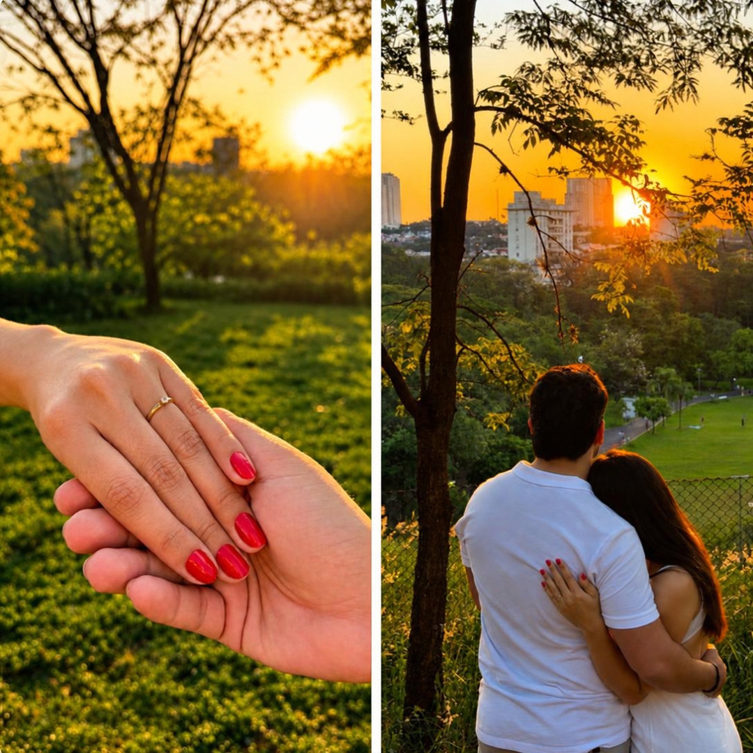 Carolina e João Vitor ao pôr do sol, com a aliança de noivado em destaque